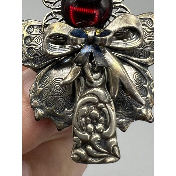 Vintage Rogers Signed Angel Brooch Pin Silver Plate Red Stone 1.5” Floral Bow - Picture 7 of 7